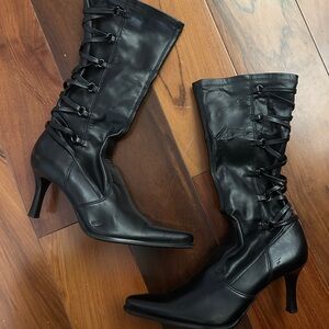 Vintage Franco Sarto black leather pointed toe boots with corset back lacing 6.5